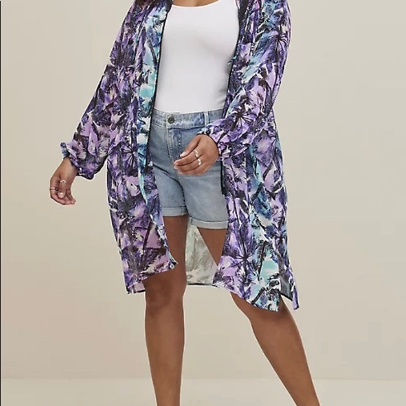 Torrid hooded anorak kimono- chiffon Palms purple - Picture 1 of 6